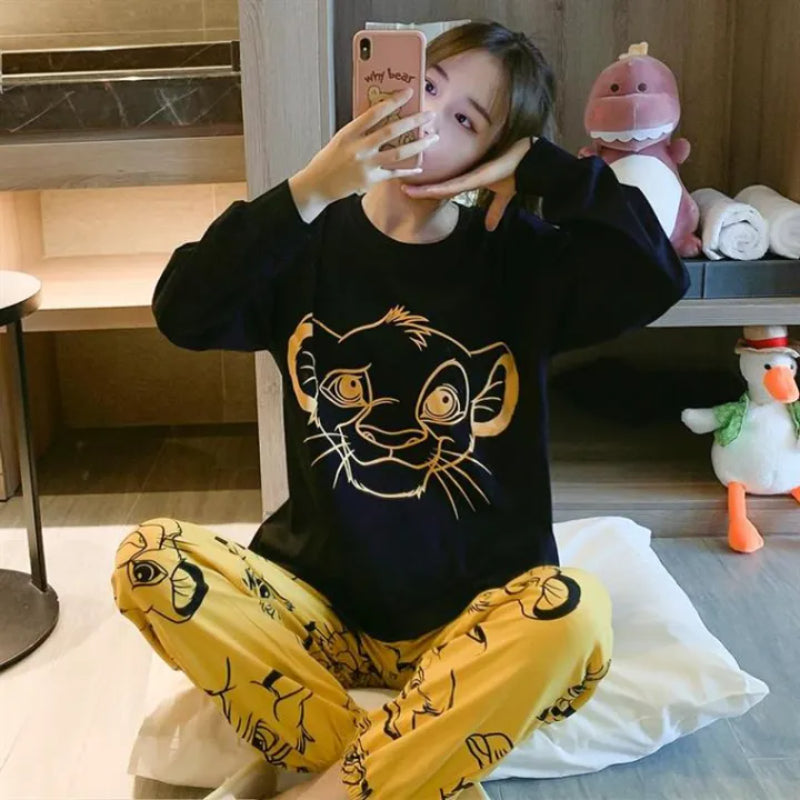 Cute Casual Cotton Lion Cub Pirnted Night Suit Set Loungewear For Ladies