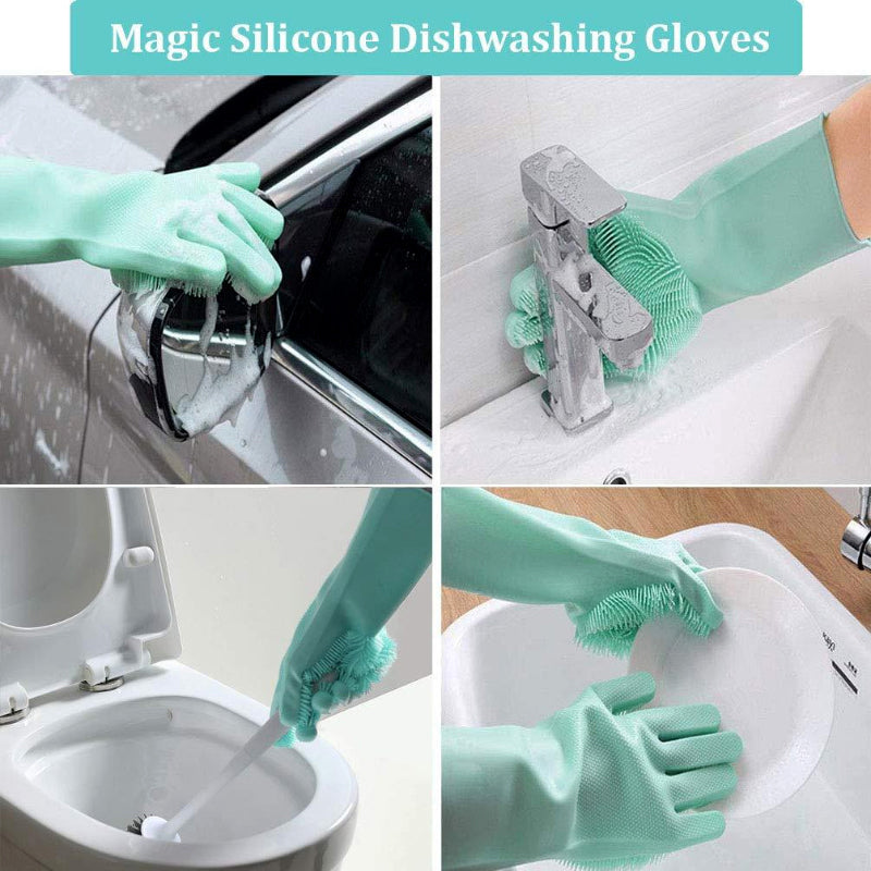 2 Pairs Kitchen Magic Silicone Dishwashing Gloves with Cleaning Scrub Sponges Dual Set for Efficient Scrubbing