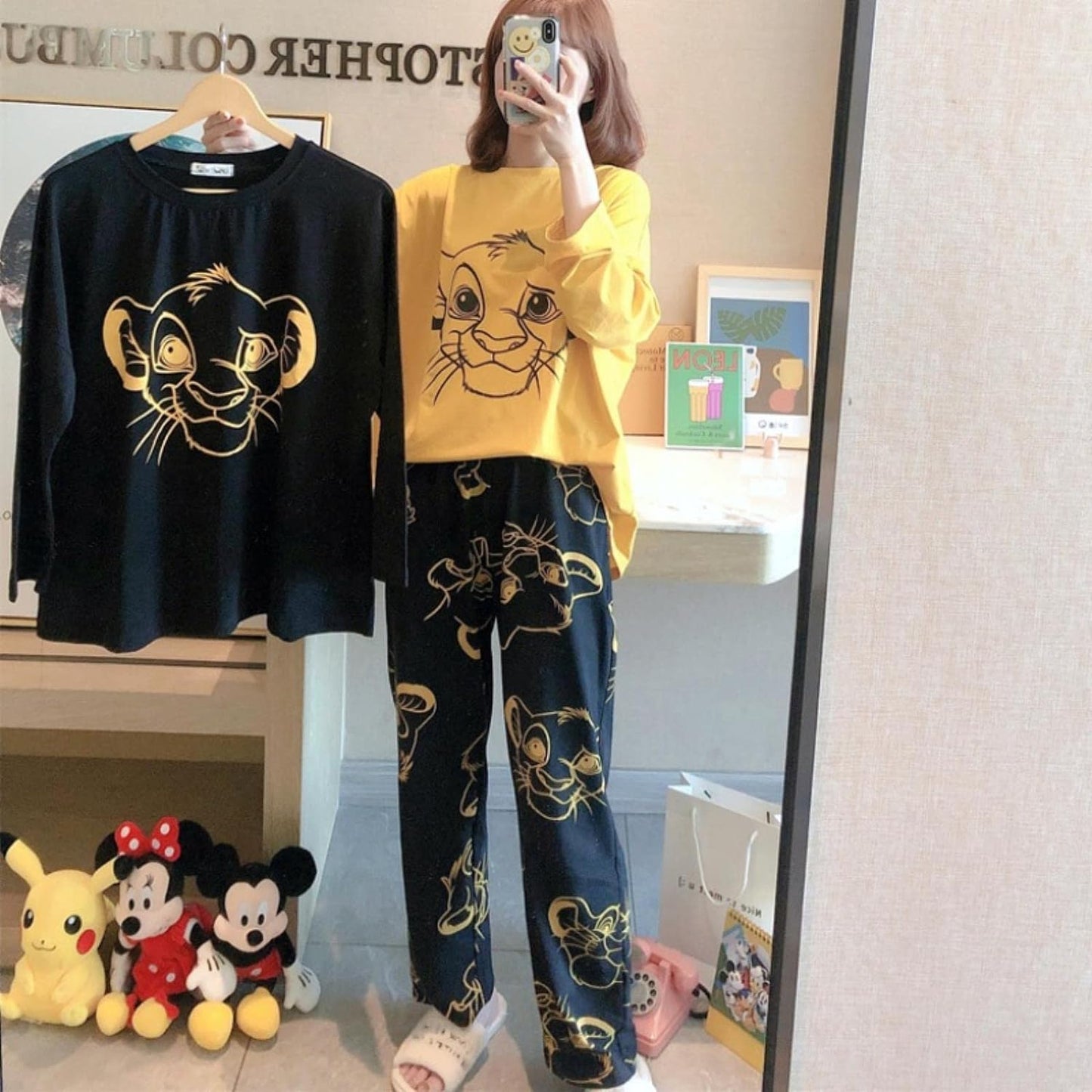 Cute Casual Cotton Lion Cub Pirnted Night Suit Set Loungewear For Ladies