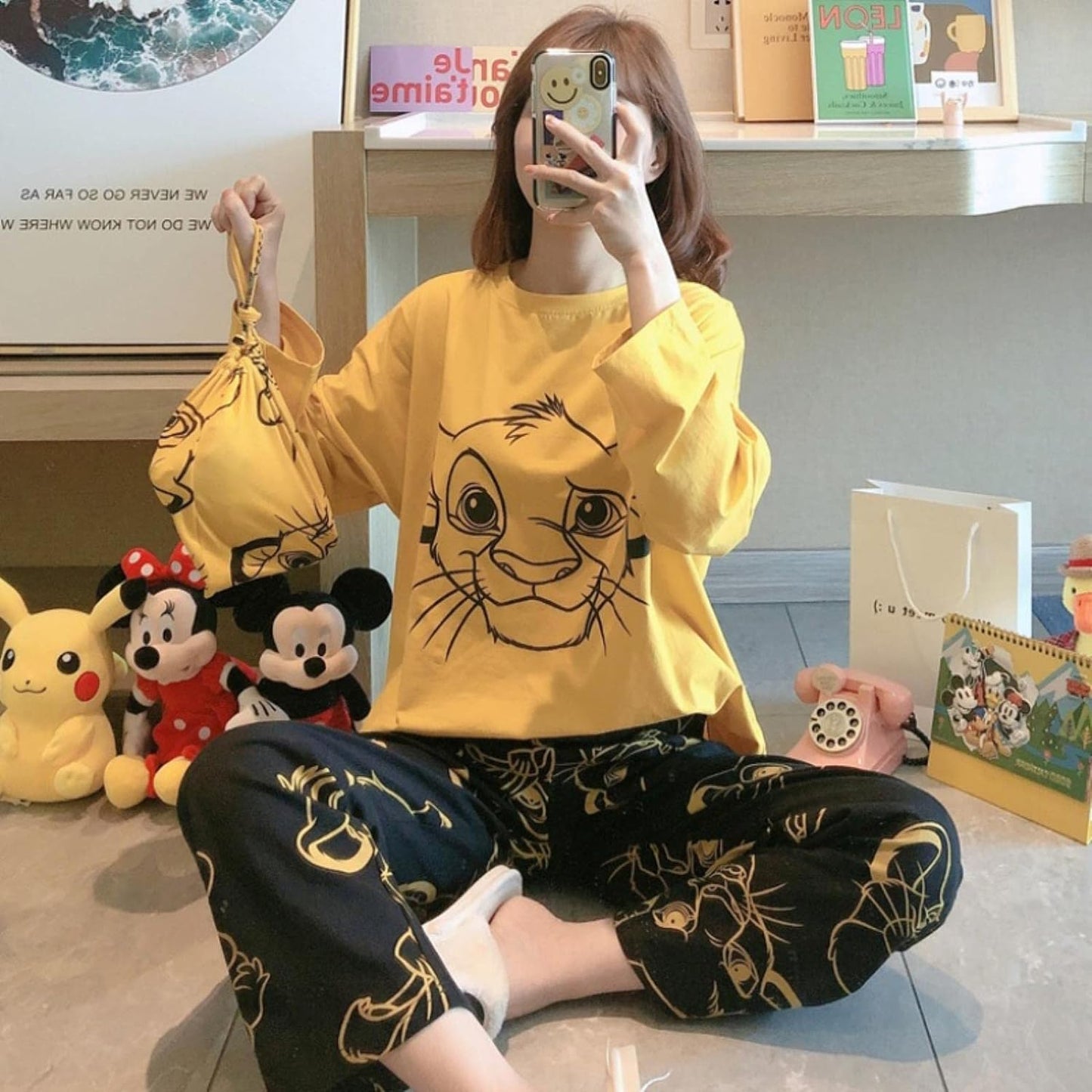 Cute Casual Cotton Lion Cub Pirnted Night Suit Set Loungewear For Ladies