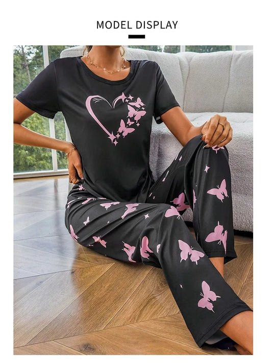 Comfortable And Fashionable Heart Butterfly Printed Set Women’s Nightwear