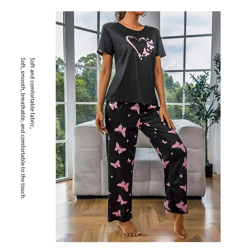 Comfortable And Fashionable Heart Butterfly Printed Set Women’s Nightwear