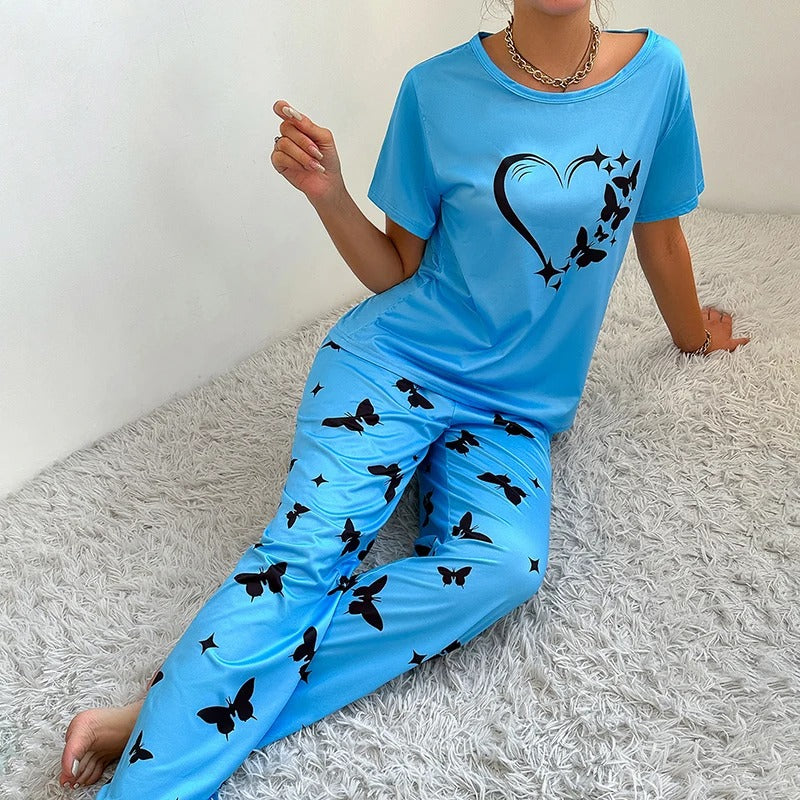 Comfortable And Fashionable Heart Butterfly Printed Set Women’s Nightwear