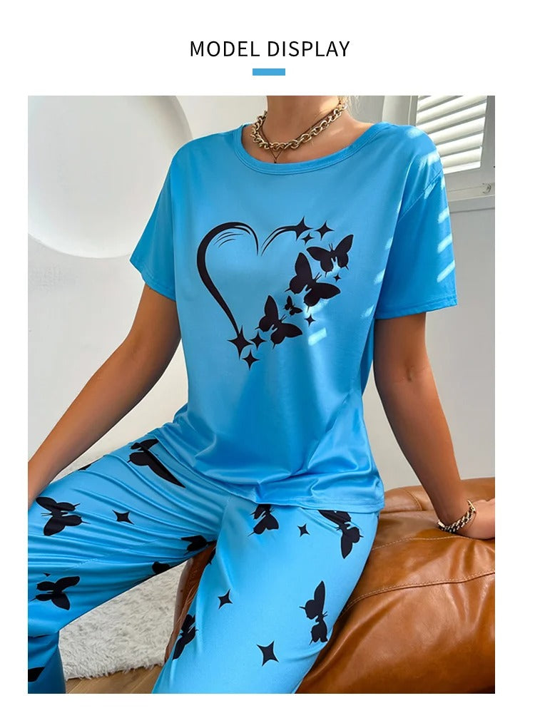 Comfortable And Fashionable Heart Butterfly Printed Set Women’s Nightwear