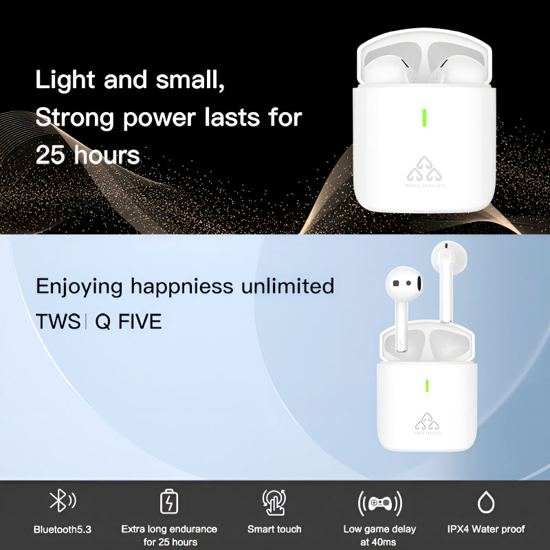 THREE PEACHES TWS Q Five Bluetooth 5.3 Noise-Cancelling, IPX4 Waterproof Elegant Design Earbuds