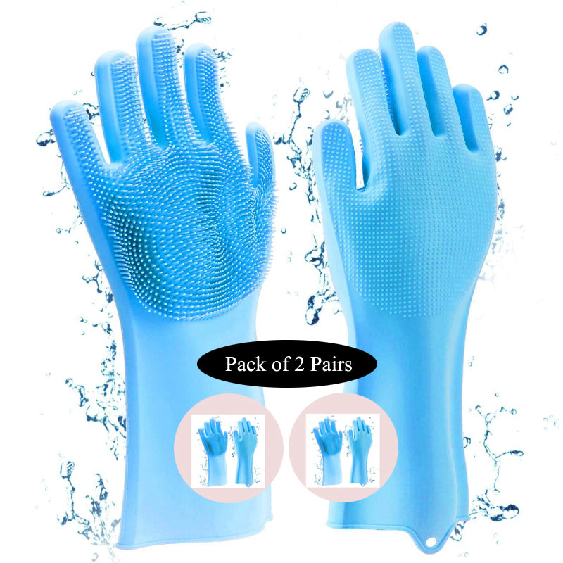 2 Pairs Kitchen Magic Silicone Dishwashing Gloves with Cleaning Scrub Sponges Dual Set for Efficient Scrubbing